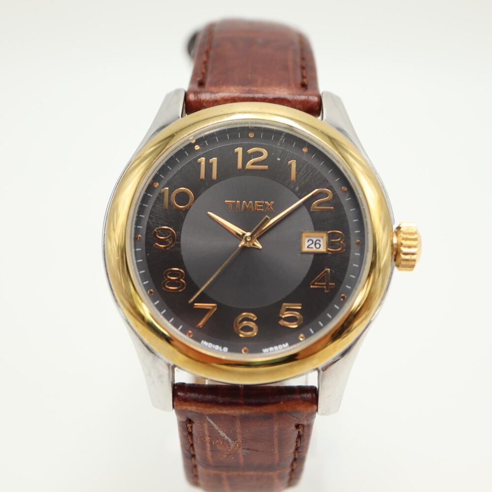 Timex Indiglo Mens 41mm Easy Read Gray Date Watch Brown Leather w New Battery - Picture 3 of 13